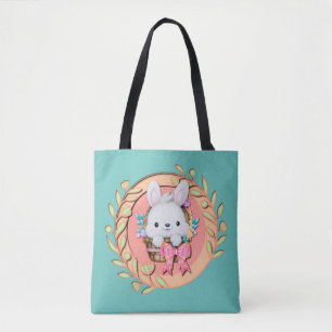 Fluffy Konijn zittend in Paasmandje 3D-ontwerp Tote Bag