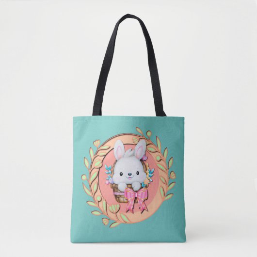 Fluffy Konijn zittend in Paasmandje 3D-ontwerp Tote Bag (Voorkant)