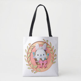 Fluffy Konijn zittend in Paasmandje 3D-ontwerp Tote Bag