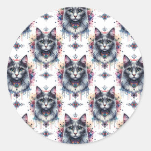 Fluffy Lang Haar Grijs en Wit Tuxedo Cat Ronde Sticker