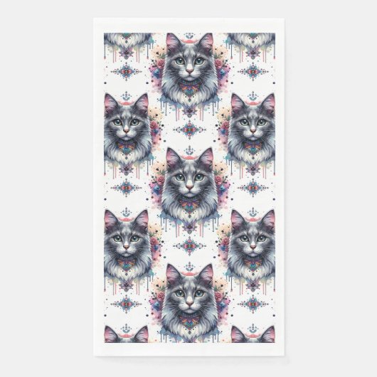 Fluffy Lang Haar Grijs en Wit Tuxedo Cat Servet (Voorkant)