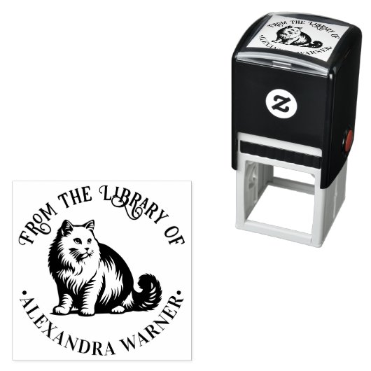 Fluffy Langharige Kat Zit #2 Bibliotheek Boek Naam Zelfinktende Stempel (In situ)