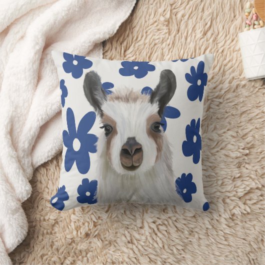 Fluffy Llama Blue Retro Flowers Kussen (Deken)