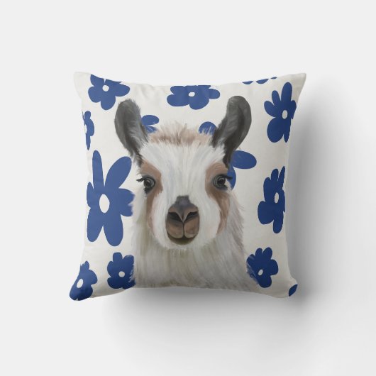 Fluffy Llama Blue Retro Flowers Kussen (Achterkant)