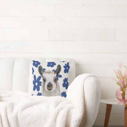 Fluffy Llama Blue Retro Flowers Kussen (Bank)