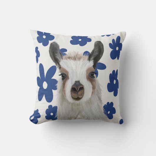 Fluffy Llama Blue Retro Flowers Kussen (Voorkant)
