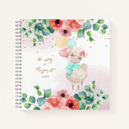 Fluffy Llama Illustration Flowers Girl Daily Diary Notitieboek (Voorkant)