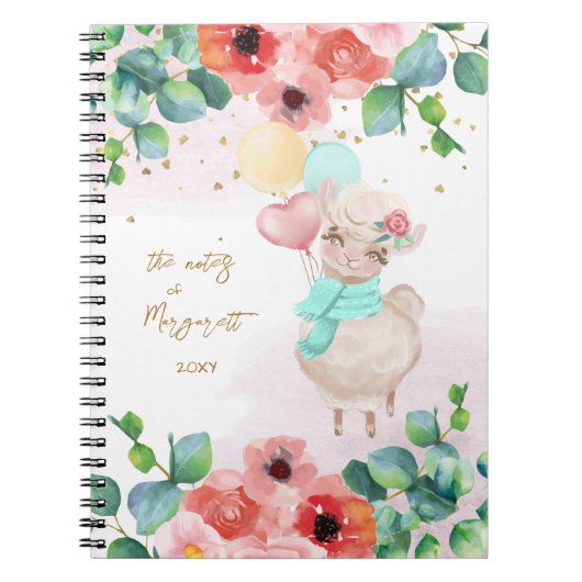 Fluffy Llama Illustration Flowers Girl Daily Diary Notitieboek (Voorkant)