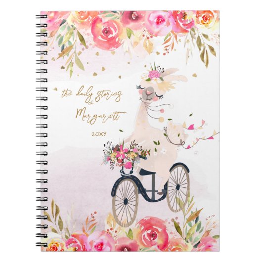 Fluffy Llama Riding Bicle Girl terug naar school Notitieboek (Voorkant)