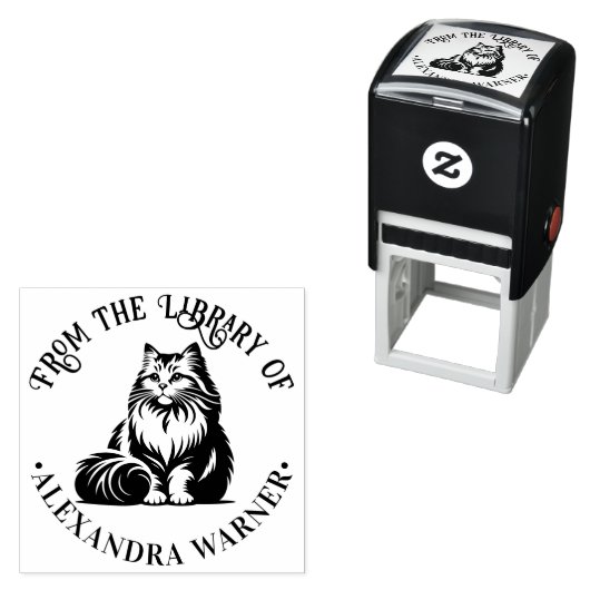 Fluffy Long Hair Cat Sitting #1 Bibliotheek Boekna Zelfinktende Stempel (In situ)