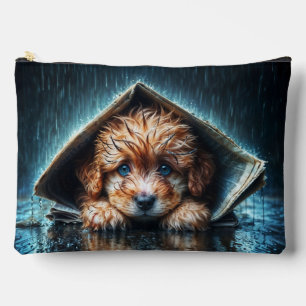 Fluffy natte puppy op zoek naar warmte en comfort etui