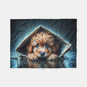 Fluffy natte puppy op zoek naar warmte en comfort fleece deken