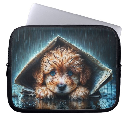 Fluffy natte puppy op zoek naar warmte en comfort laptop sleeve (Voorkant)