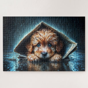 Fluffy natte puppy op zoek naar warmte en comfort legpuzzel