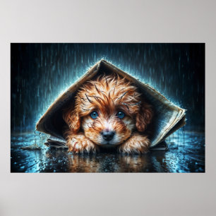 Fluffy natte puppy op zoek naar warmte en comfort poster