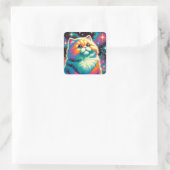 Fluffy Oranje Roze Kat in de Ruimte Vierkante Sticker (Tas)