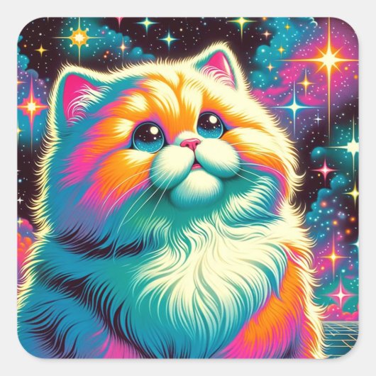 Fluffy Oranje Roze Kat in de Ruimte Vierkante Sticker (Voorkant)