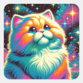 Fluffy Oranje Roze Kat in de Ruimte Vierkante Sticker