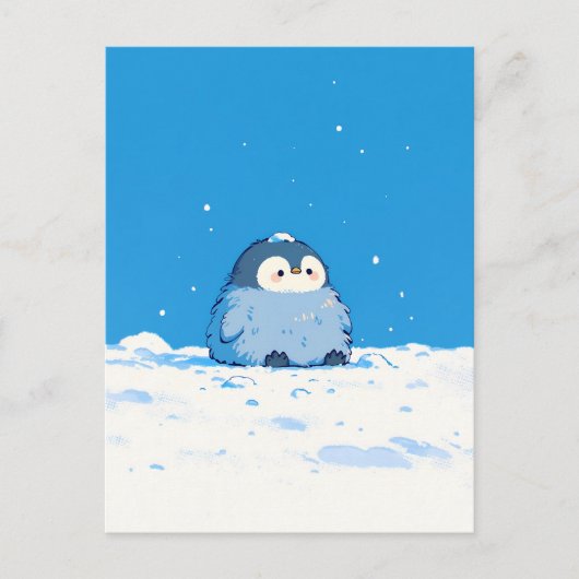 Fluffy Penguin Chick in Snowy Winter Landscape Briefkaart (Voorkant)