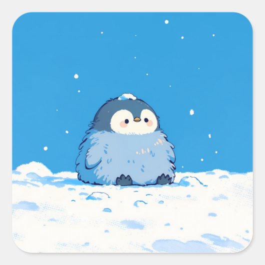 Fluffy Penguin Sitting in Winter Snow Vierkante Sticker (Voorkant)