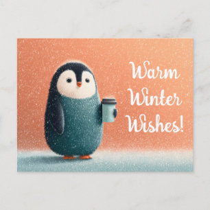 Fluffy Pinguïn met koffiebeker in een sneeuwstorm Feestdagenkaart