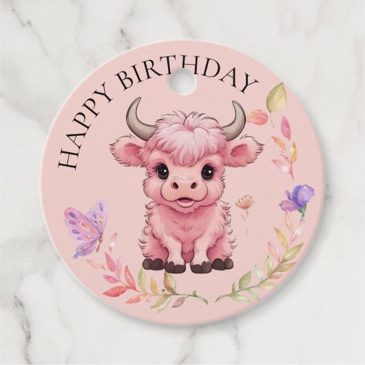 Fluffy Pink Highlands Schotse Koe Bedankjes Labels (Voorkant)