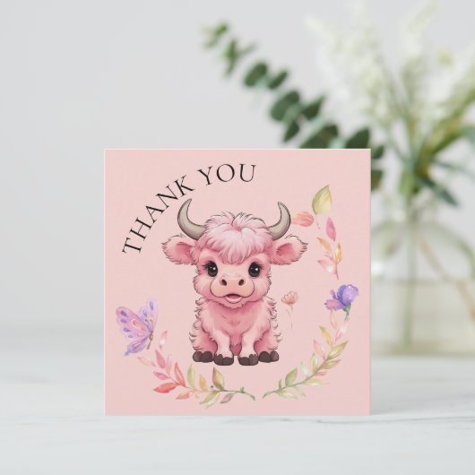 Fluffy Pink Highlands Schotse Koe Bedankkaart (Staand voorkant)