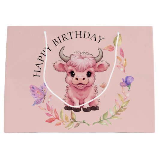 Fluffy Pink Highlands Schotse Koe Groot Cadeauzakje (Voorkant)