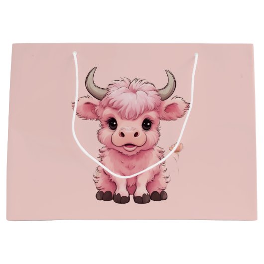 Fluffy Pink Highlands Schotse Koe Groot Cadeauzakje (Voorkant)