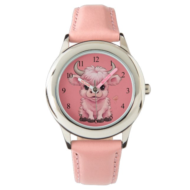 Fluffy Pink Highlands Schotse Koe Horloge (Voorkant)