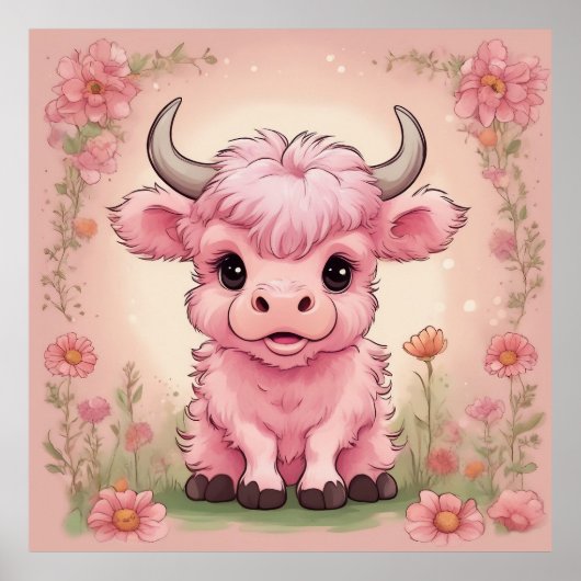 Fluffy Pink Highlands Schotse Koe Poster (Voorkant)