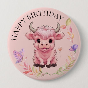 Fluffy Pink Highlands Schotse Koe Ronde Button 4,0 Cm