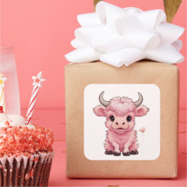 Fluffy Pink Highlands Schotse Koe Vierkante Sticker