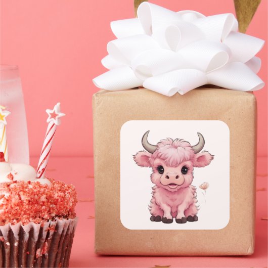 Fluffy Pink Highlands Schotse Koe Vierkante Sticker (Feest)