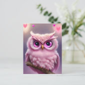 Fluffy Pink Uil met harten Briefkaart (Staand voorkant)