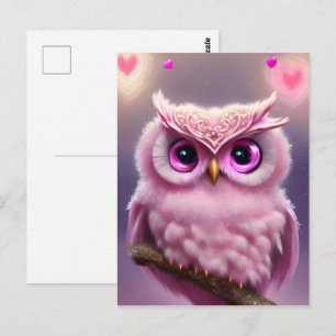 Fluffy Pink Uil met harten Briefkaart