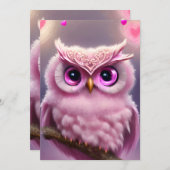 Fluffy Pink Uil met harten Feestdagenkaart (Voorkant / Achterkant)