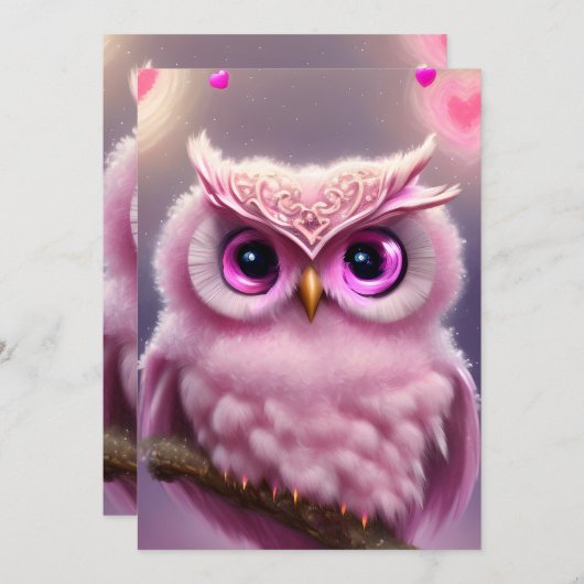 Fluffy Pink Uil met harten Feestdagenkaart (Voorkant / Achterkant)