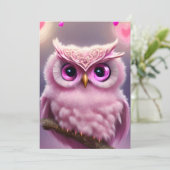 Fluffy Pink Uil met harten Feestdagenkaart (Staand voorkant)