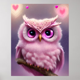 Fluffy Pink Uil met harten Poster