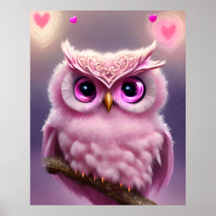 Fluffy Pink Uil met harten Poster