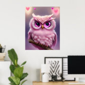 Fluffy Pink Uil met harten Poster (Thuiskantoor)