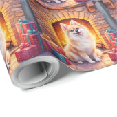 Fluffy Pomeranian Cozy Christmas Fireplace Dog Art Cadeaupapier (Rol Hoek)