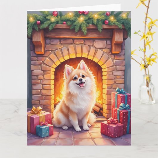 Fluffy Pomeranian Cozy Christmas Fireplace Dog Art Kaart (Gele Bloem)