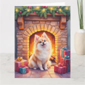 Fluffy Pomeranian Cozy Christmas Fireplace Dog Art Kaart (Voorkant)