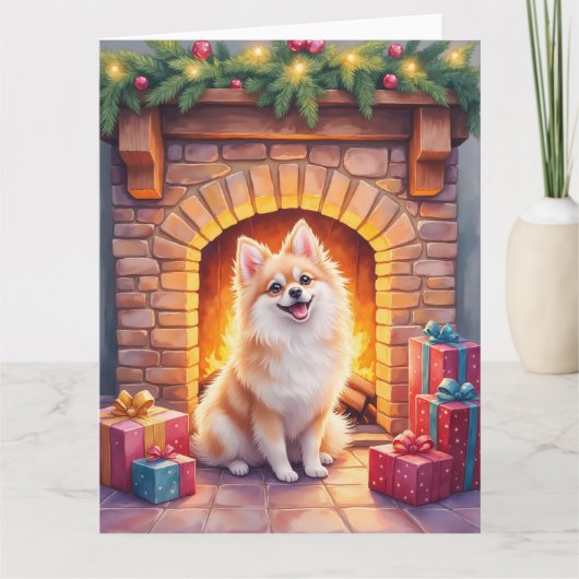 Fluffy Pomeranian Cozy Christmas Fireplace Dog Art Kaart (Voorkant)