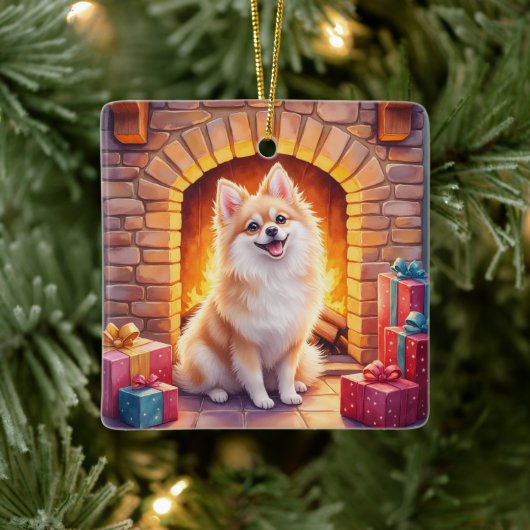 Fluffy Pomeranian Cozy Christmas Fireplace Dog Art Keramisch Ornament (Boom)