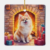 Fluffy Pomeranian Cozy Christmas Fireplace Dog Art Keramisch Ornament (Achterkant)