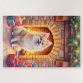 Fluffy Pomeranian Cozy Christmas Fireplace Dog Art Legpuzzel (Horizontaal)