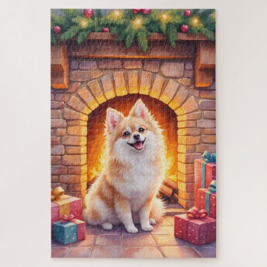 Fluffy Pomeranian Cozy Christmas Fireplace Dog Art Legpuzzel (Verticaal)